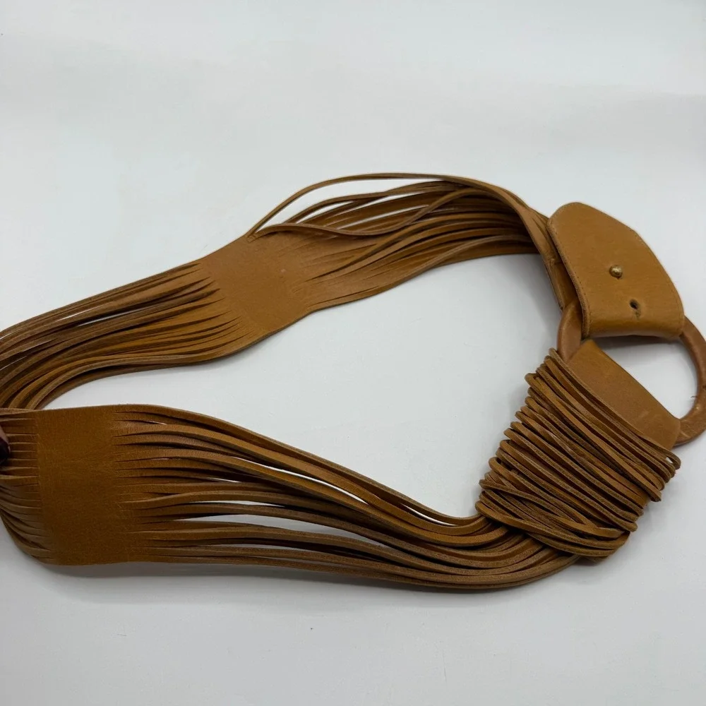 Brave Leather Tan Brown Fringe Wide Belt Size 32 Circle Buckle Boho Canada‎